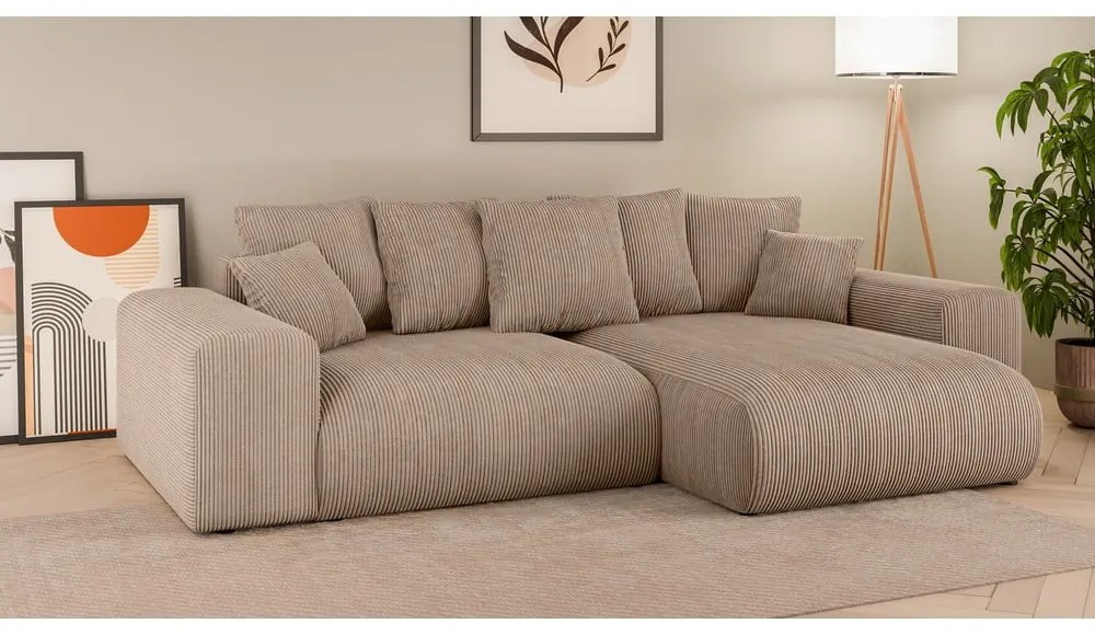 Divano angolare beige allungabile/con contenitore (con composizione variabile) con rivestimento in velluto a coste Luma – Ropez