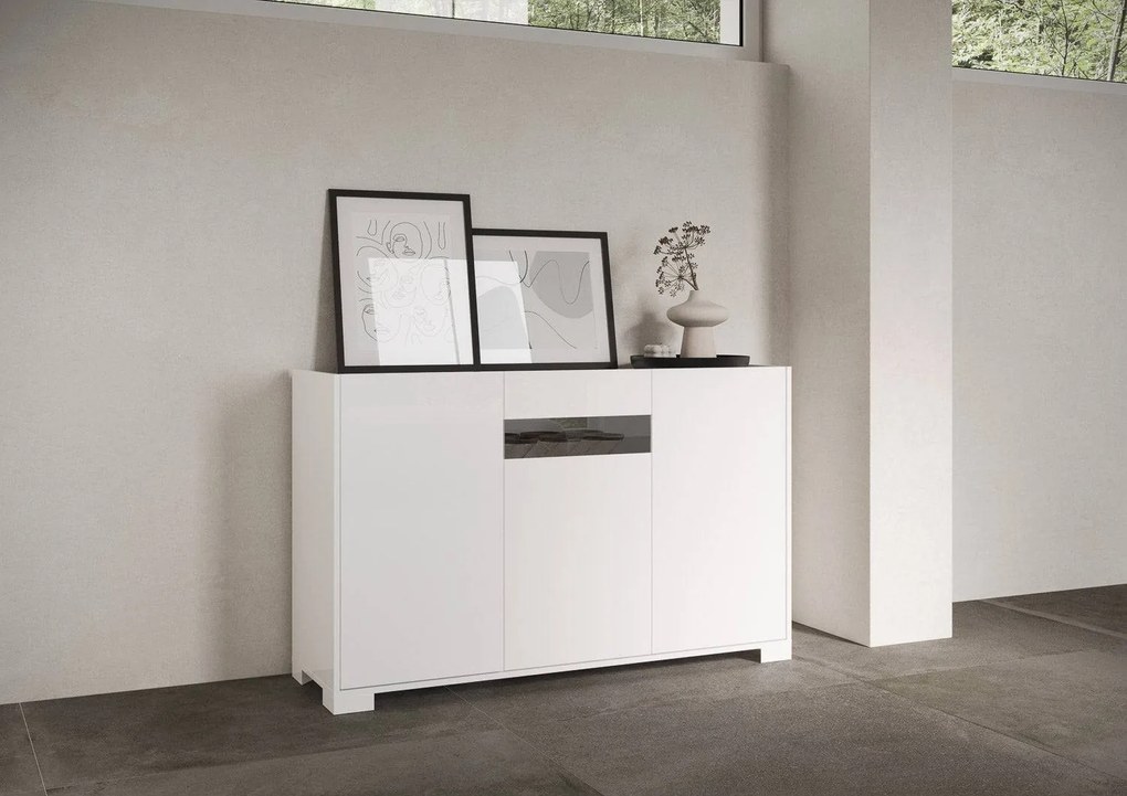 Madia e Credenza alta con Porta TV Riflesso bianco lucido e cashmere, Bianco Lucido / Madia / 3