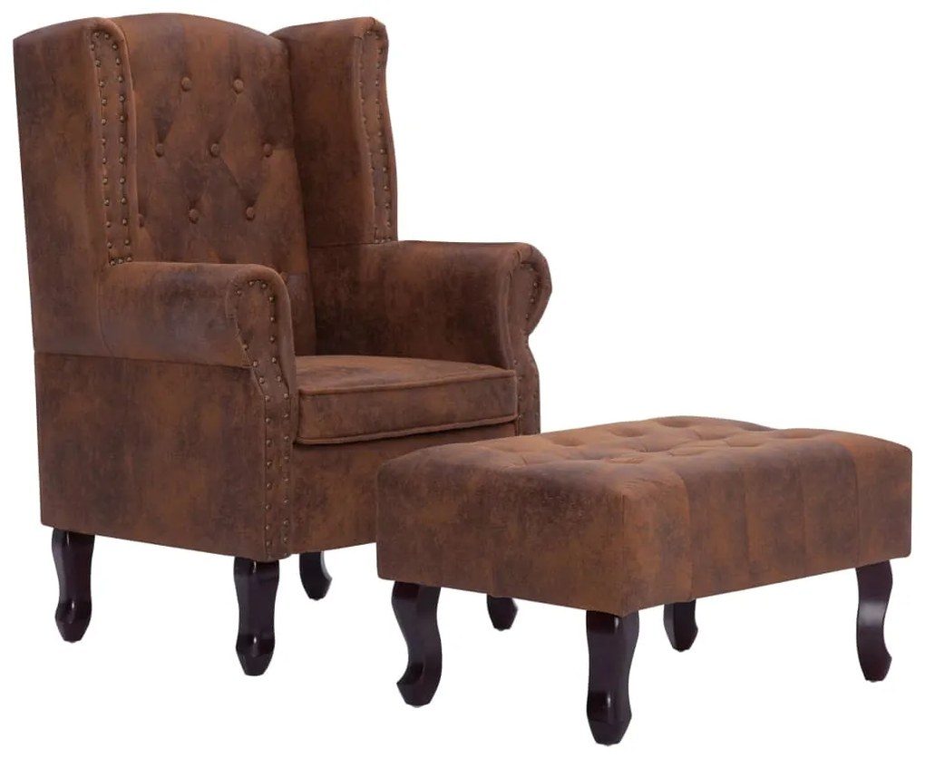 Poltrona chesterfield e pouf marrone similpelle scamosciata