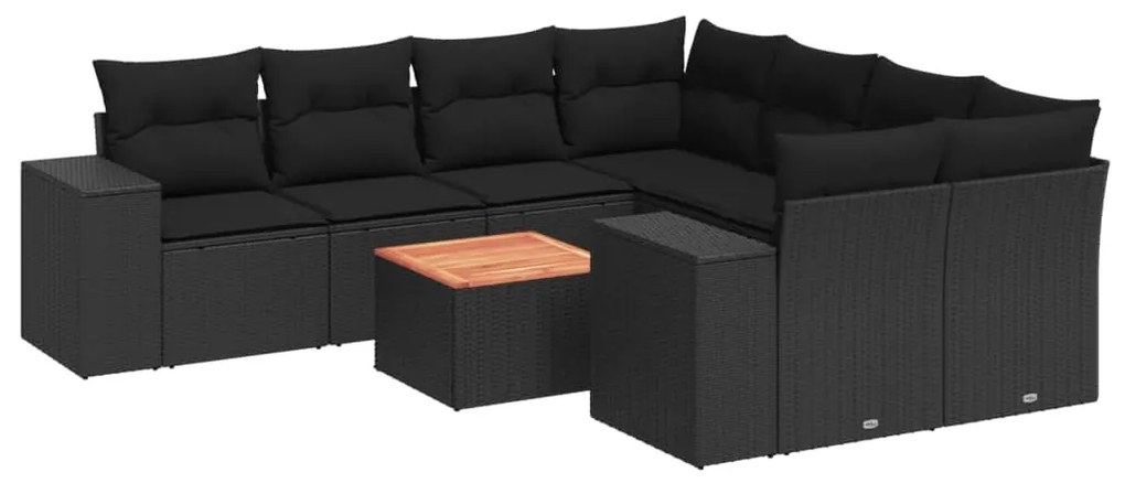 Set divani da giardino 9 pz con cuscini nero in polyrattan