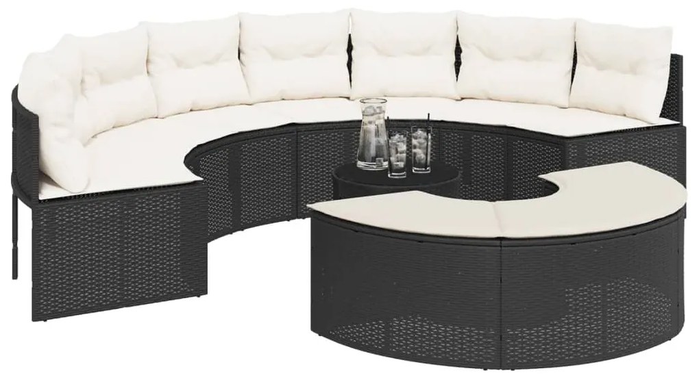 Set divani da giardino semicircolare 3 pz in polyrattan nero