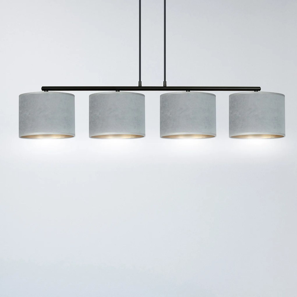 Lampadario 4 Luci Ganesha In Acciaio Nero E Paralumi In Tessuto Grigio