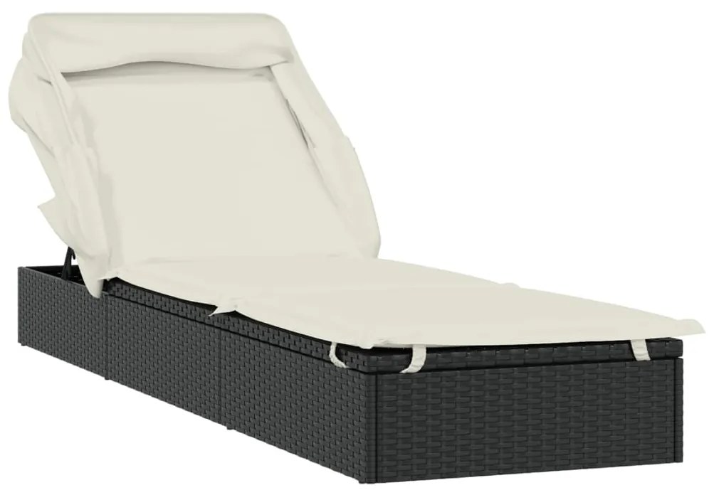 Lettino con tetto pieghevole nero 213x63x97 cm polyrattan