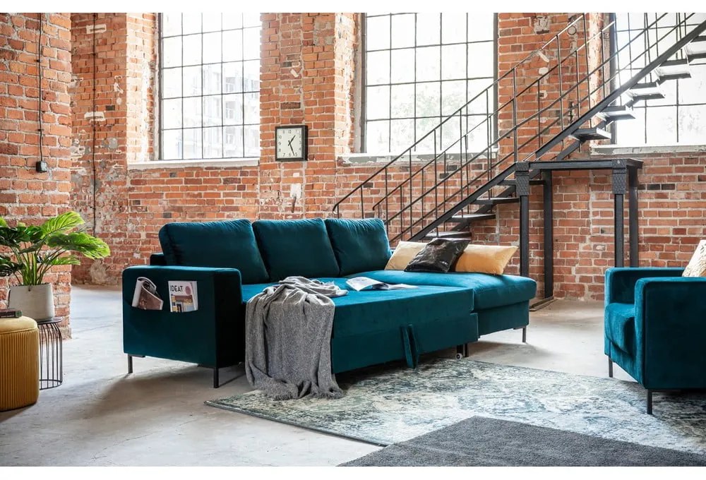 Divano letto angolare in velluto color petrolio (angolo destro) Lofty Lilly - Miuform