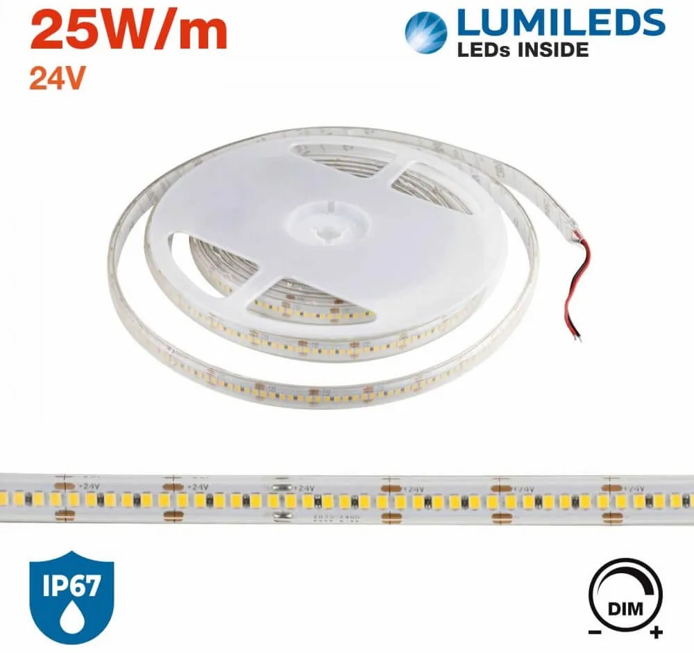 Striscia LED 2835/240 - IP67 - 25W/m - 5m - 24V - chip LUMILEDS Colore Bianco Freddo 5.700K