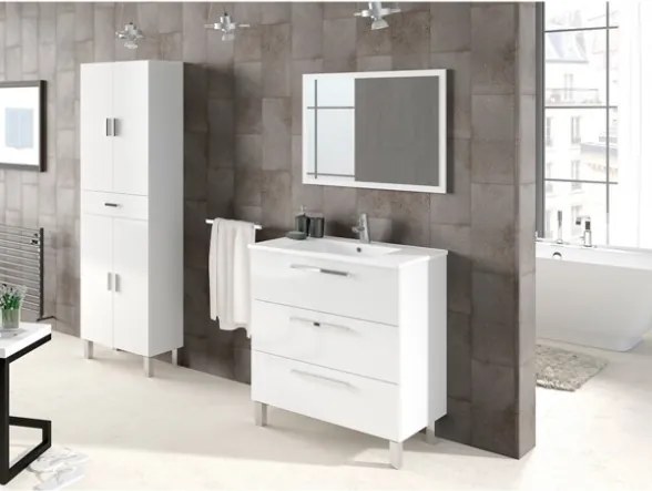 Mobile Bagno 80 Cm Con Lavabo E Specchio Da Terra Bianco Athena 3 Cassetti