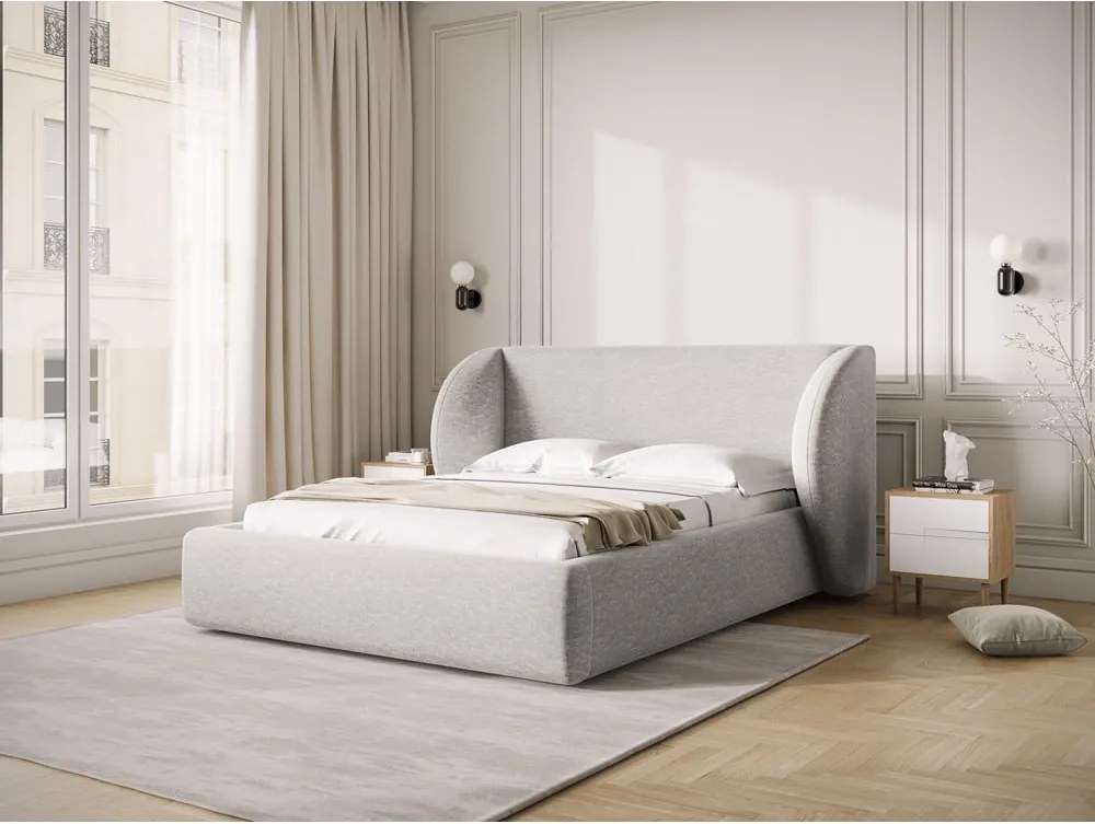 Letto matrimoniale imbottito in grigio chiaro con contenitore con rete inclusa 180x200 cm Miley – Micadoni