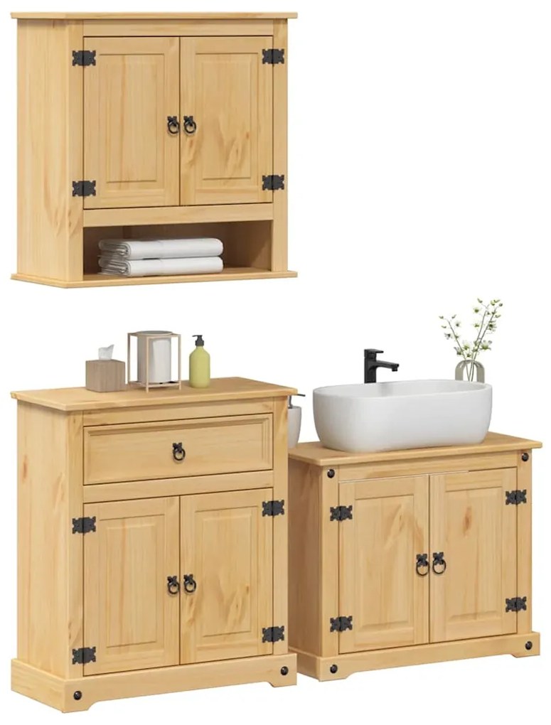 Set Mobili Da Bagno 3 Pz Corona İn Legno Massello Di Pino /