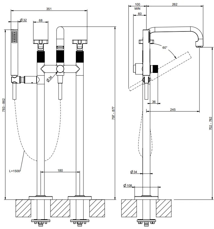 Parte Esterna Per Piantana Esterno Vasca Con Doccetta E Deviatore Automatico Parte Incasso Non Inclusa Nero Opaco Inciso 58129 Gessi