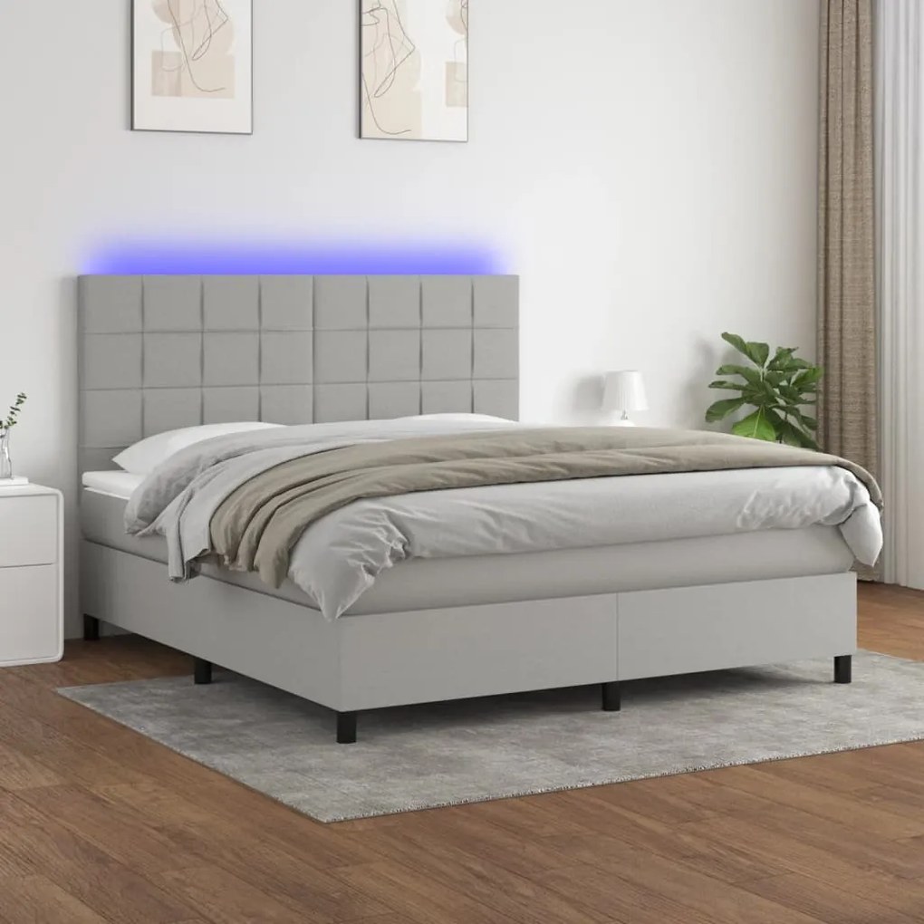 Letto a molle materasso e led grigio chiaro 160x200 cm tessuto