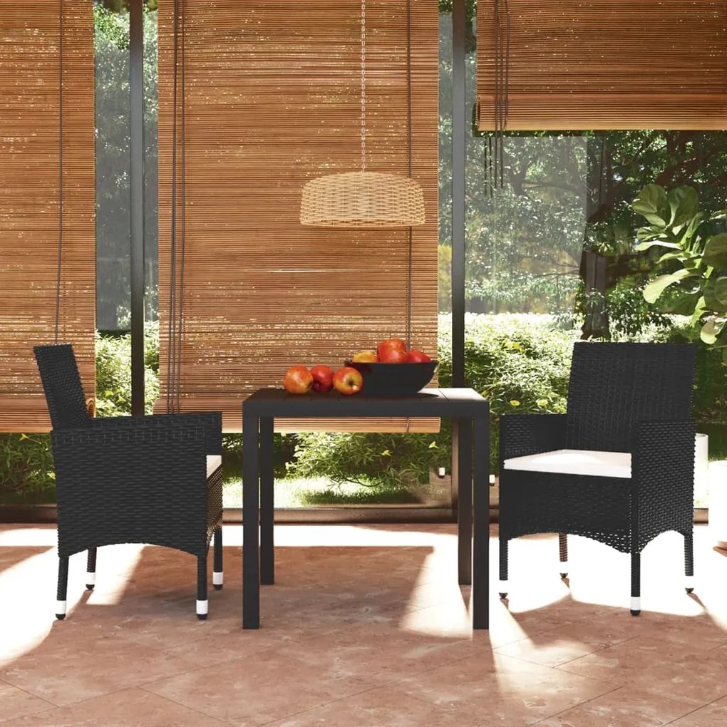 Set Da Pranzo Per Giardino 3 Pz Con Cuscini Polyrattan Nero /