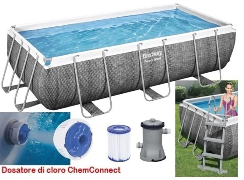 Bestway 56722 Piscina Power Steel Rettangolare 412x201x122 cm colore Rattan grigio scuro con pompa filtro
