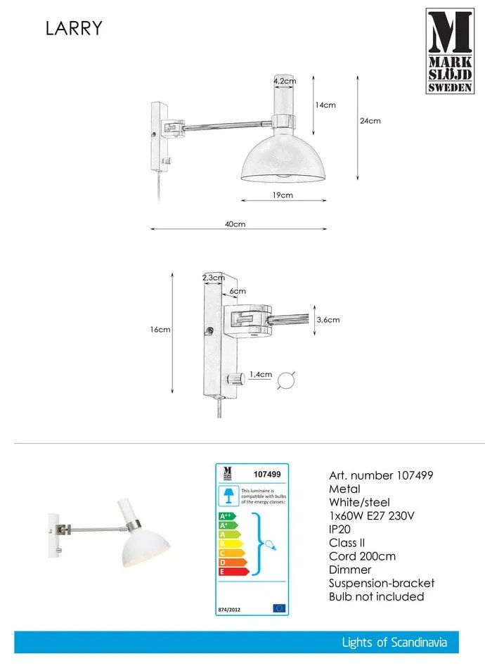 Lampada da parete bianca Larry - Markslöjd