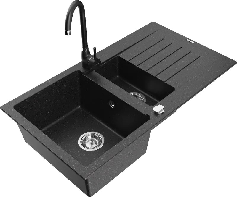 Mexen Matias lavello in granito 1,5 vasche con scolapiatti e rubinetto da cucina Telma, nero/argento - 6502-73-670200-70