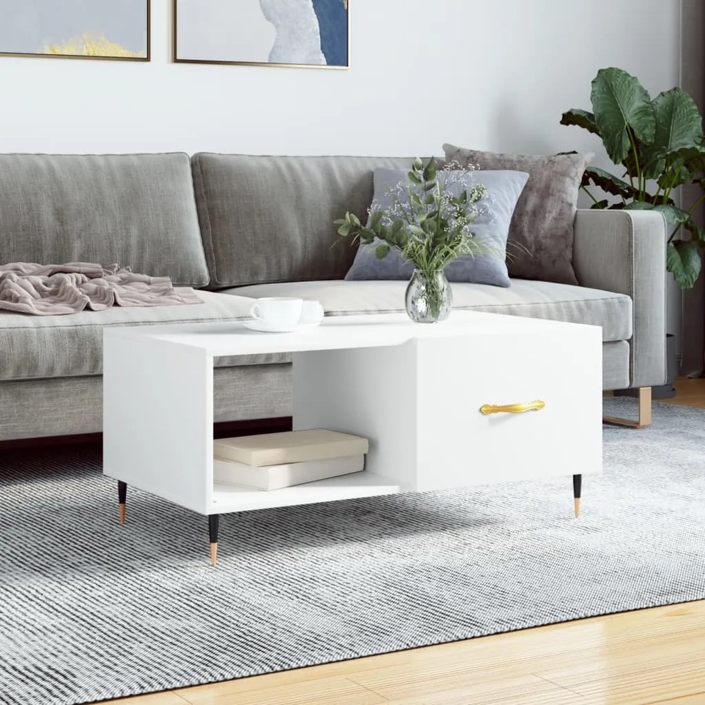 Tavolino Da Salotto Bianco 90x50x40 Cm İn Legno Multistrato /