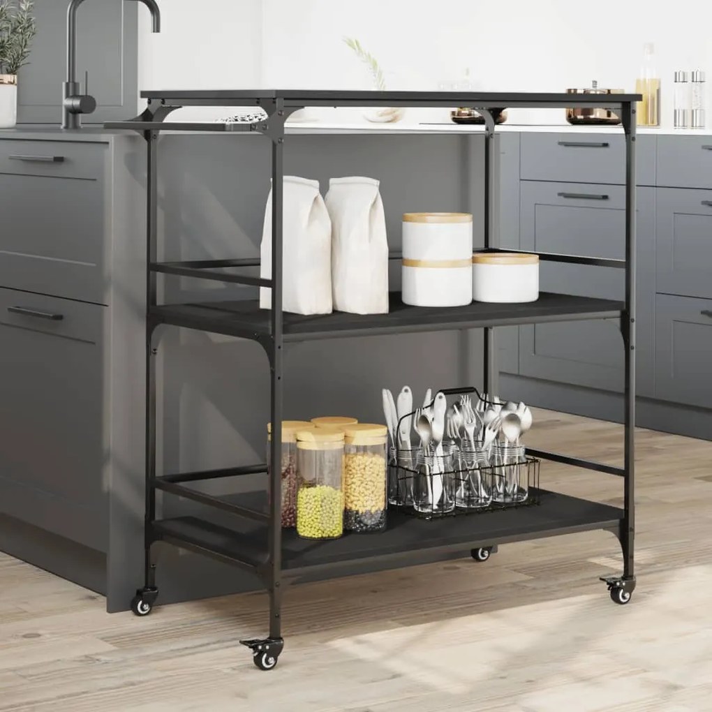 Carrello da cucina nero 100,5x50x105 cm in legno multistrato
