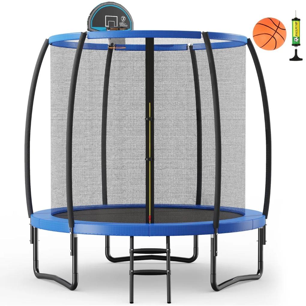 Costway Tappeto elastico con anello da basket rete cuscinetto di sicurezza scaletta con 2 gradini, Trampolino da 244cm
