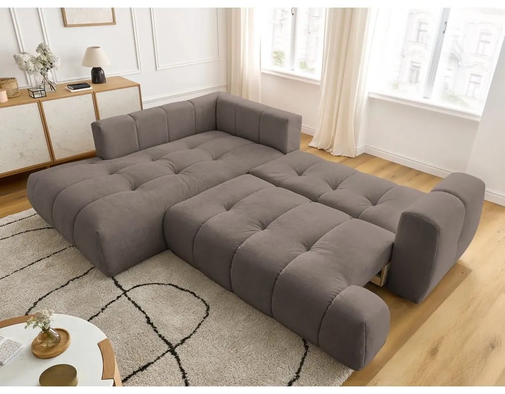 Divano angolare grigio tortora allungabile e con contenitore (penisola a sinistra/a L) con rivestimento in ciniglia Fuji – Bobochic Paris