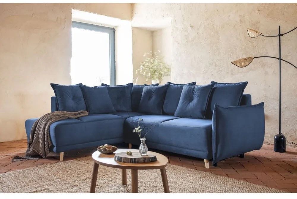 Divano letto angolare in velluto a coste blu scuro (angolo sinistro) Lazy Lukka - Miuform