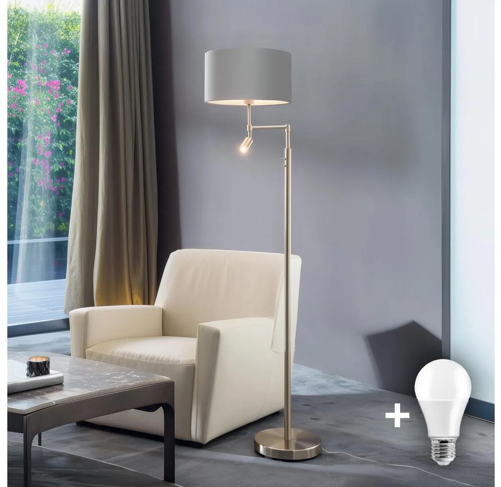 Eglo - Lampada LED da terra TUNJA 1xE27/60W/230V + LED/2,1W diametro 38 cm cromo/grigio