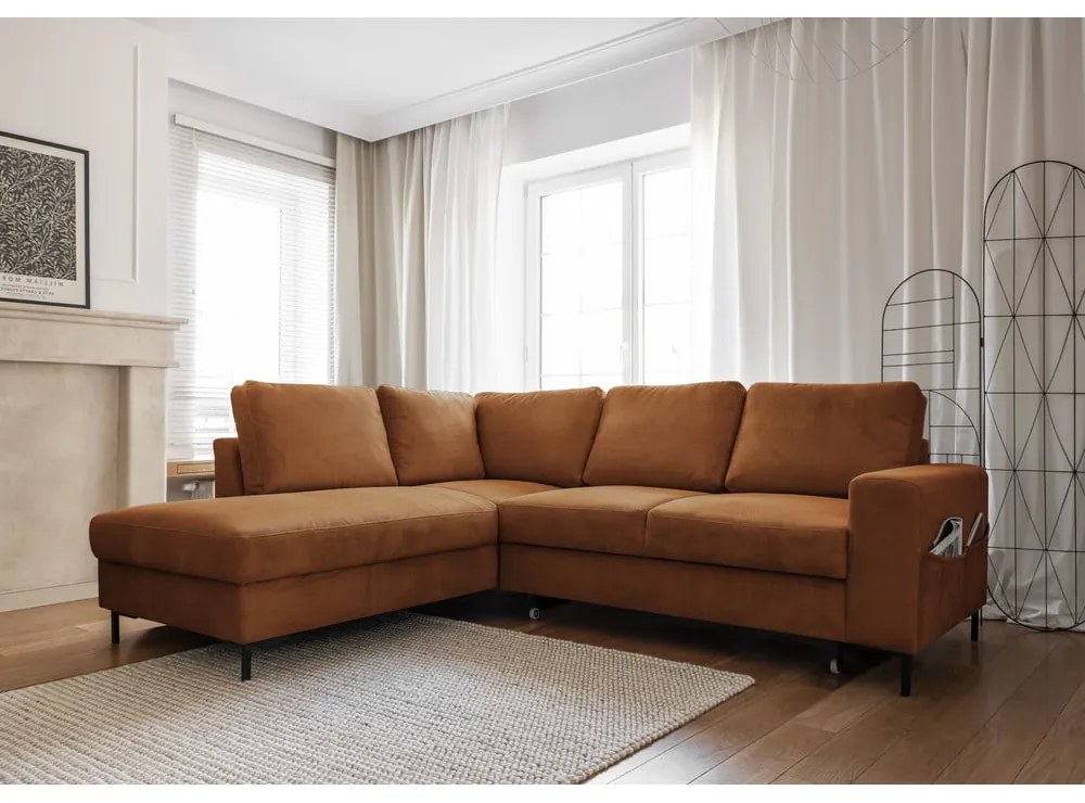 Divano letto angolare in velluto a coste arancione (angolo sinistro) Lofty Lilly - Miuform