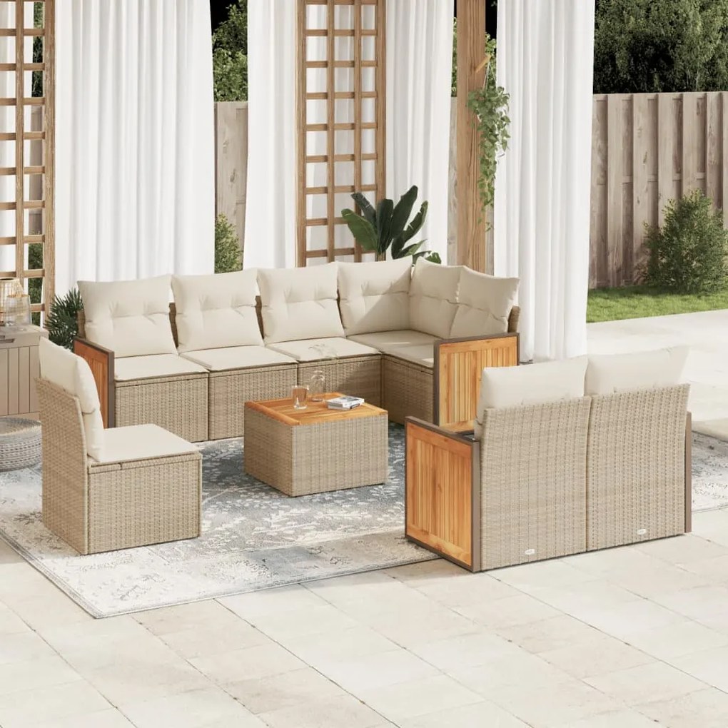 Set divano da giardino 9 pz con cuscini beige in polyrattan