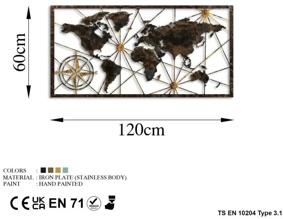 Decorazione da muro 120x60 cm world mappa metallo