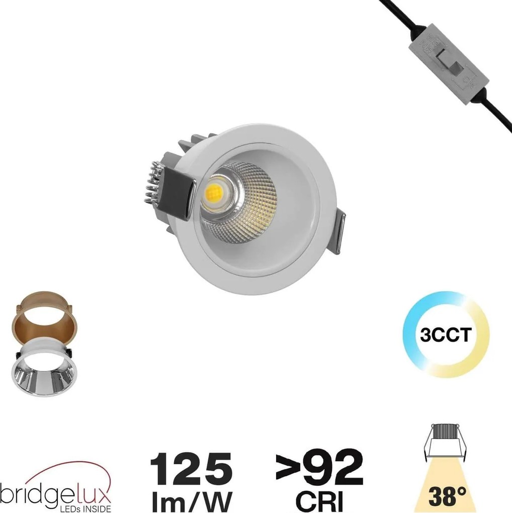 Faro da Incasso 7W Foro Ø55mm Bianco IP40 CCT BRIDGELUX LED 3 Parabole Colore Bianco Variabile CCT