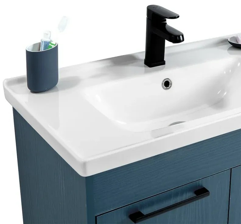 Mobile bagno sospeso 80 cm blu effetto legno con armadietto a specchio Sofia