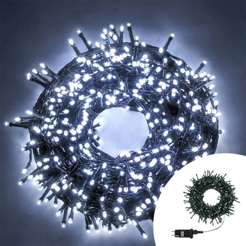 Catena di luci 41 metri da 1360 Led Mini Cluster Bianco Freddo con cavo verde e autospegnimento Wisdom