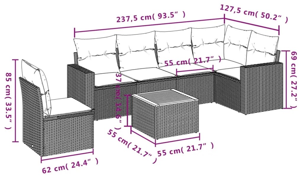 Set divani da giardino 7 pz con cuscini grigio in polyrattan