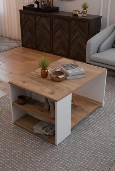 Tavolino Da Salotto Design Moderno 60x90x48 Con Vani Laterali Zeno Rovere E Bianco