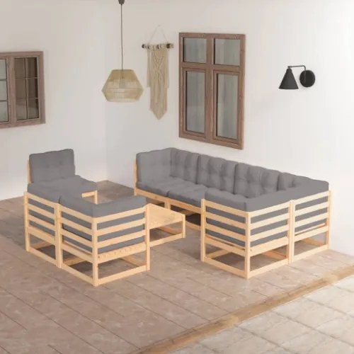 Set Divani da Giardino 9 pz con Cuscini Legno Massello di Pino