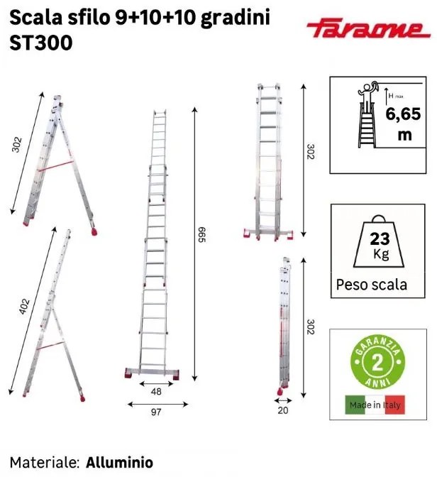 Scala a sfilo FARAONE S3.EM in alluminio 3 x 10 gradini portata massima 150 kg EN 131 per lavori fino a 6.65 m