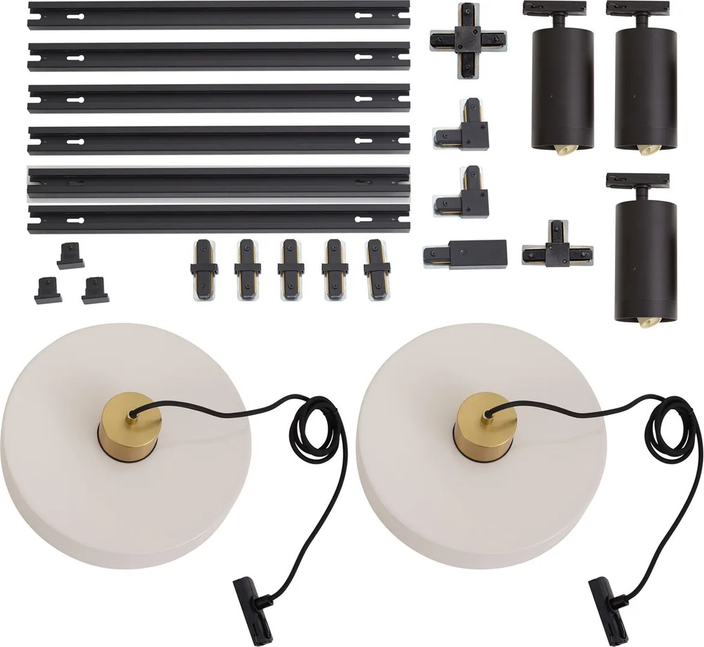 Sistema a binario moderno nero con 2 lampade a sospensione bianche e 3 faretti monofase - Iconic Jeana Luxe Jina