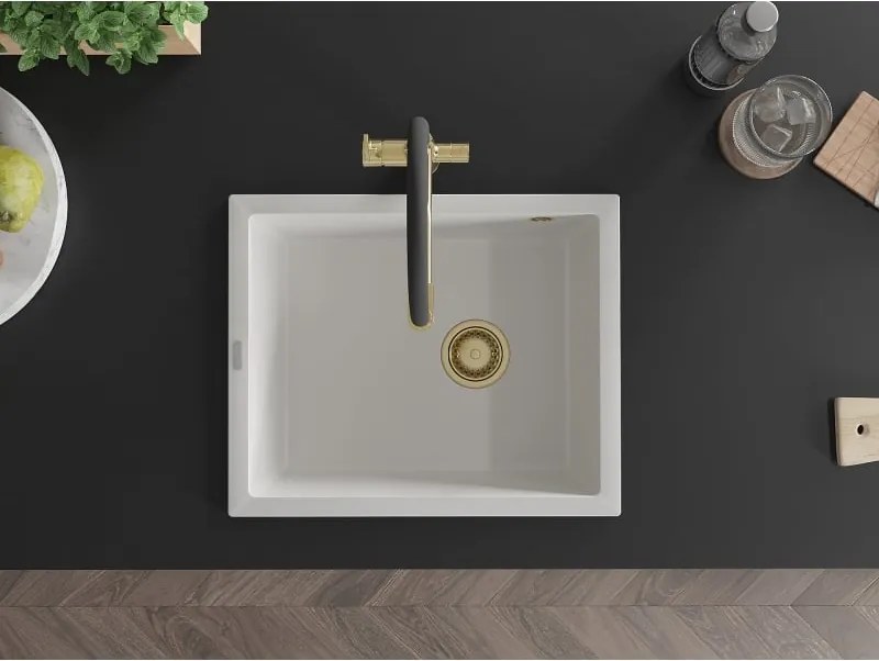 Mexen Pedro lavello in granito 1-vasca 560 x 460 mm, bianco, sifone dorato - 6508561000-20-G