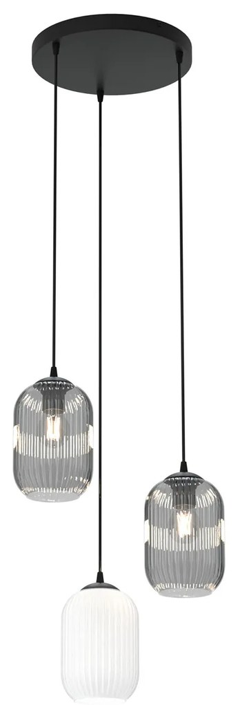 Lampadario 3 Luci Selene Base Tonda Acciaio Nero Vetri Plissettati Bianco E Fumè