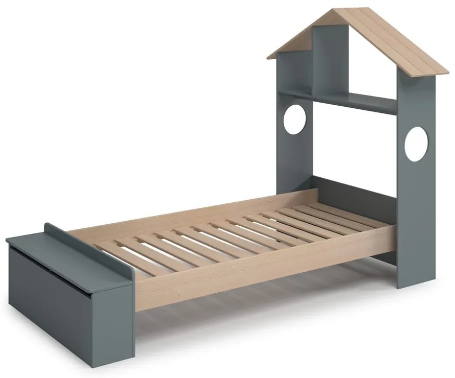 Letto da bambini a forma di casa di colore naturale/verde polveroso con effetto pino con contenitore con rete inclusa 90x190 cm Odessa – Marckeric