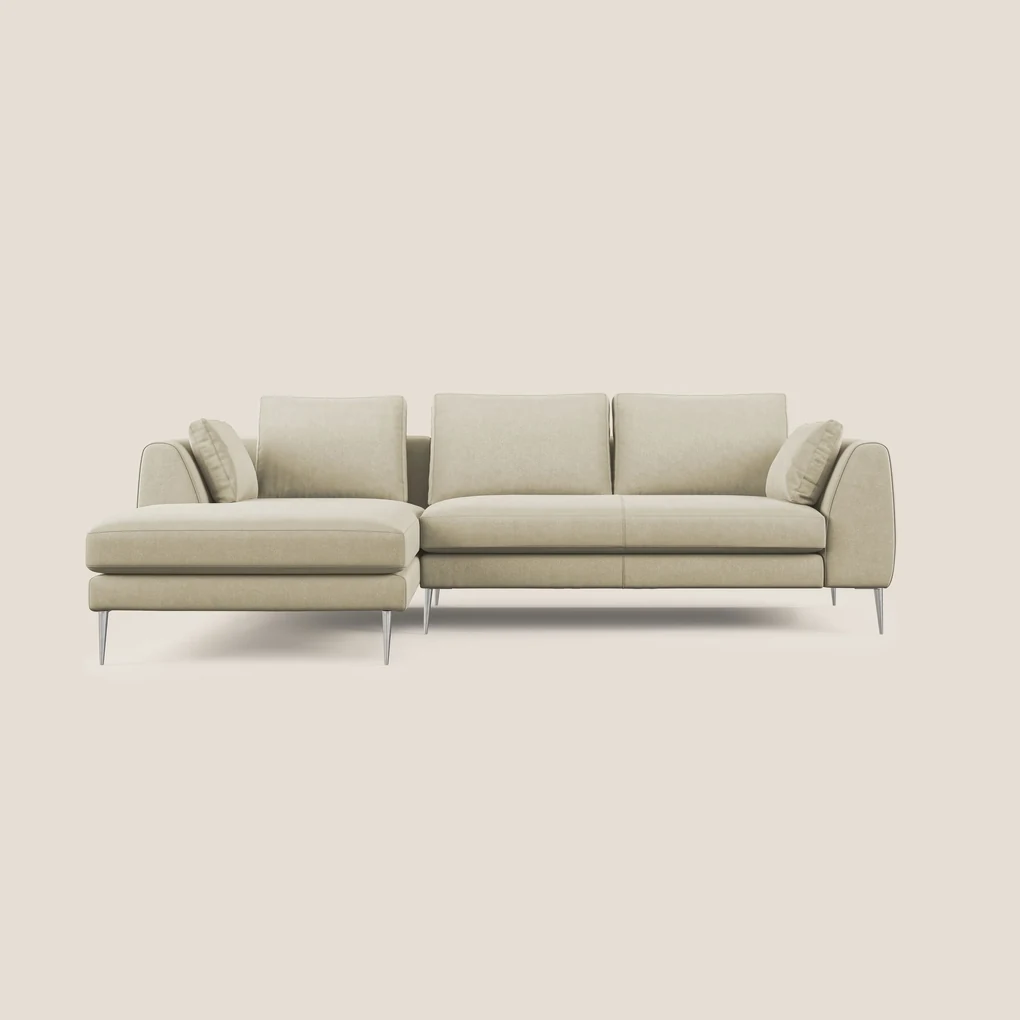 Plano divano moderno angolare con penisola in microfibra smacchiabile T11 panna 292 cm Destro