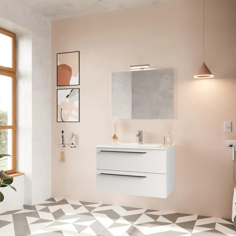 Mobile bagno sospeso con lavabo L 80 x H 55 x P 45 cm bianco opaco 2 cassetti per vasca centrale Mia