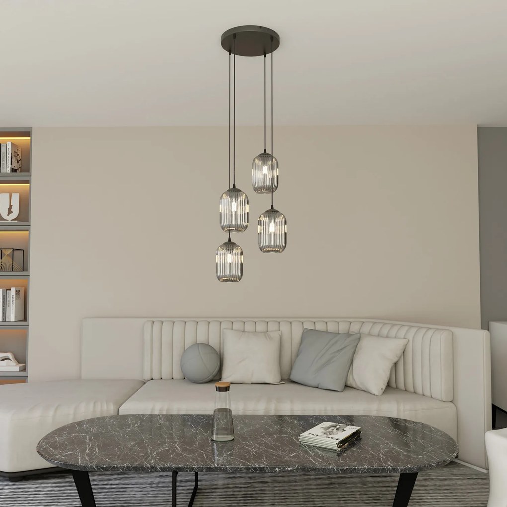 Lampadario 4 Luci Selene Base Tonda In Acciaio Nero E Vetri Plissettati Fumè