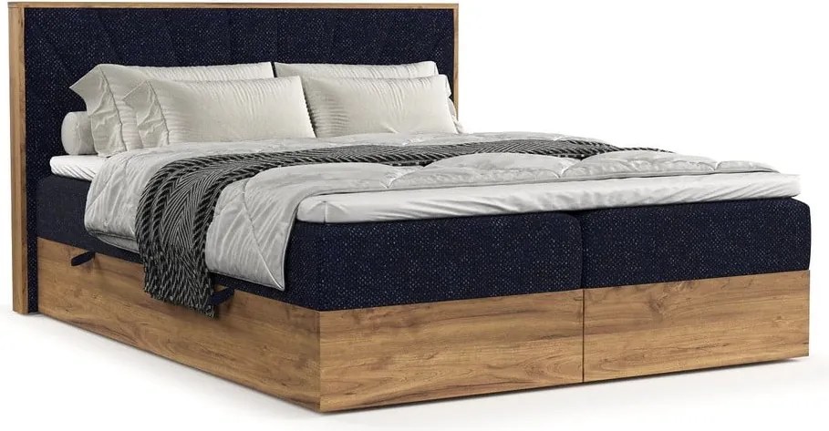 Letto boxspring con contenitore in blu scuro-naturale 140x200 cm Asahi - Maison de Rêve