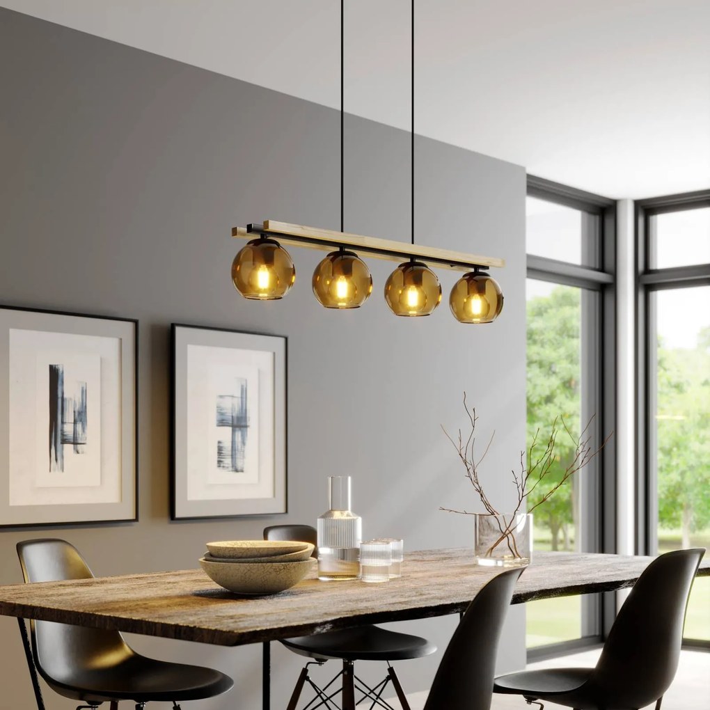 Lampada a sospensione Lindby Enrique, ambra, a 4 luci, vetro, legno, E27