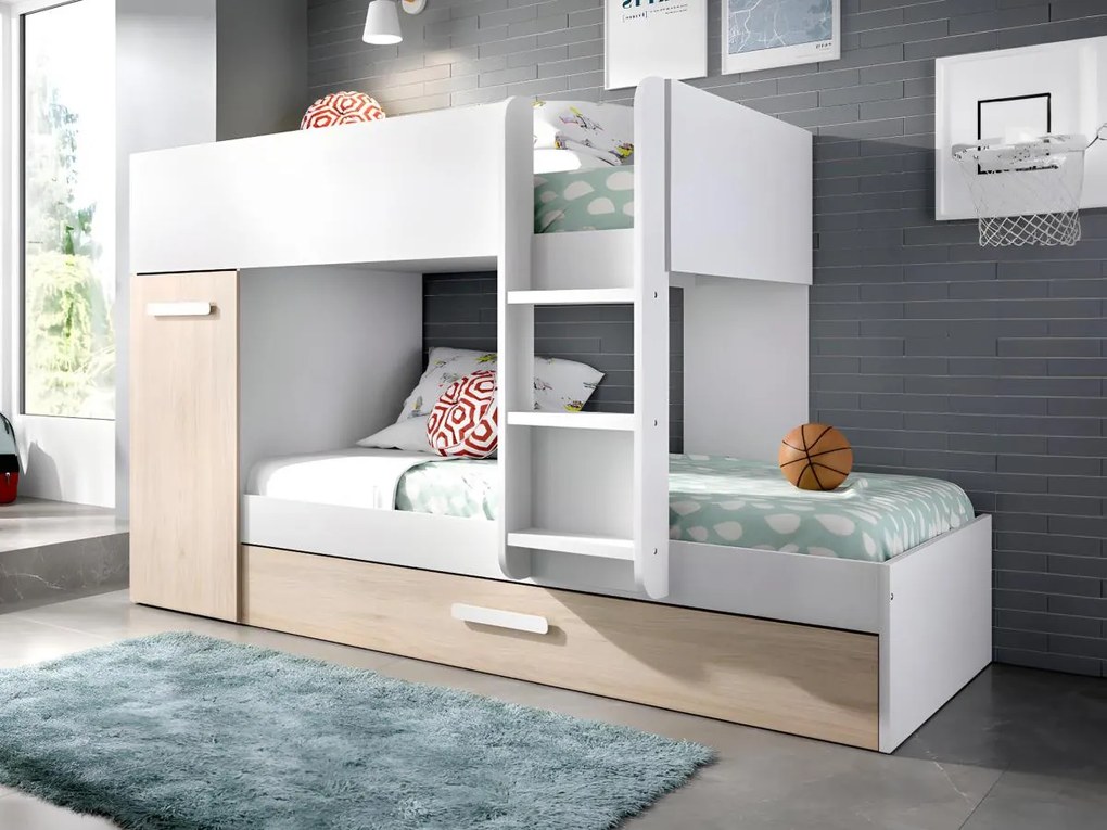 Letto a castello con cassetto letto estraibile e contenitori 3 x 90 x 190 cm Bianco e Naturale - ANTHONY