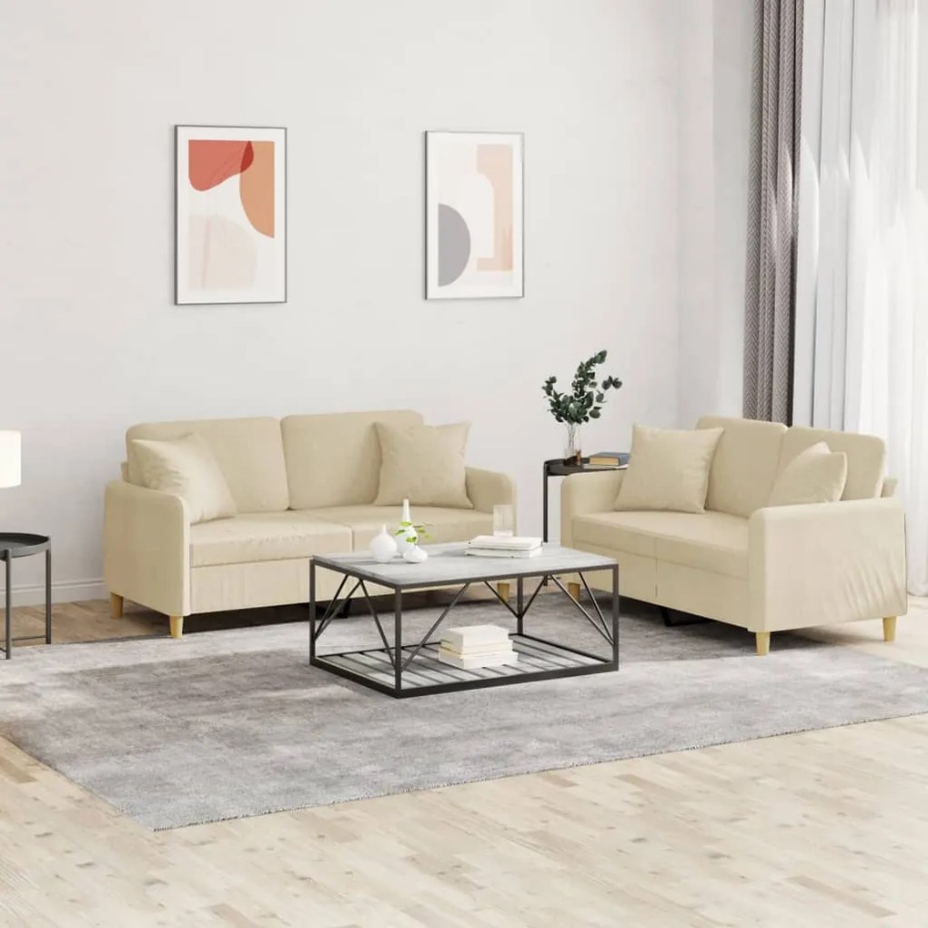 Set Divani 2 Pz Con Cuscini Crema İn Tessuto /