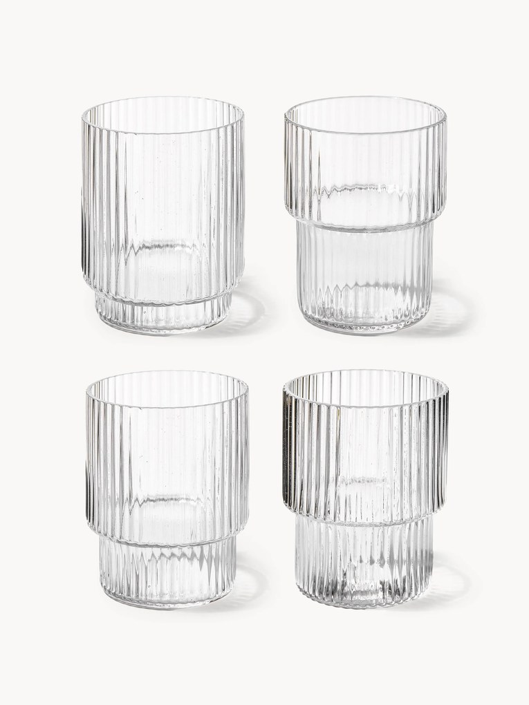 Set di 4 bicchieri in vetro soffiato con scanalatura in rilievo Ripple, 200 ml