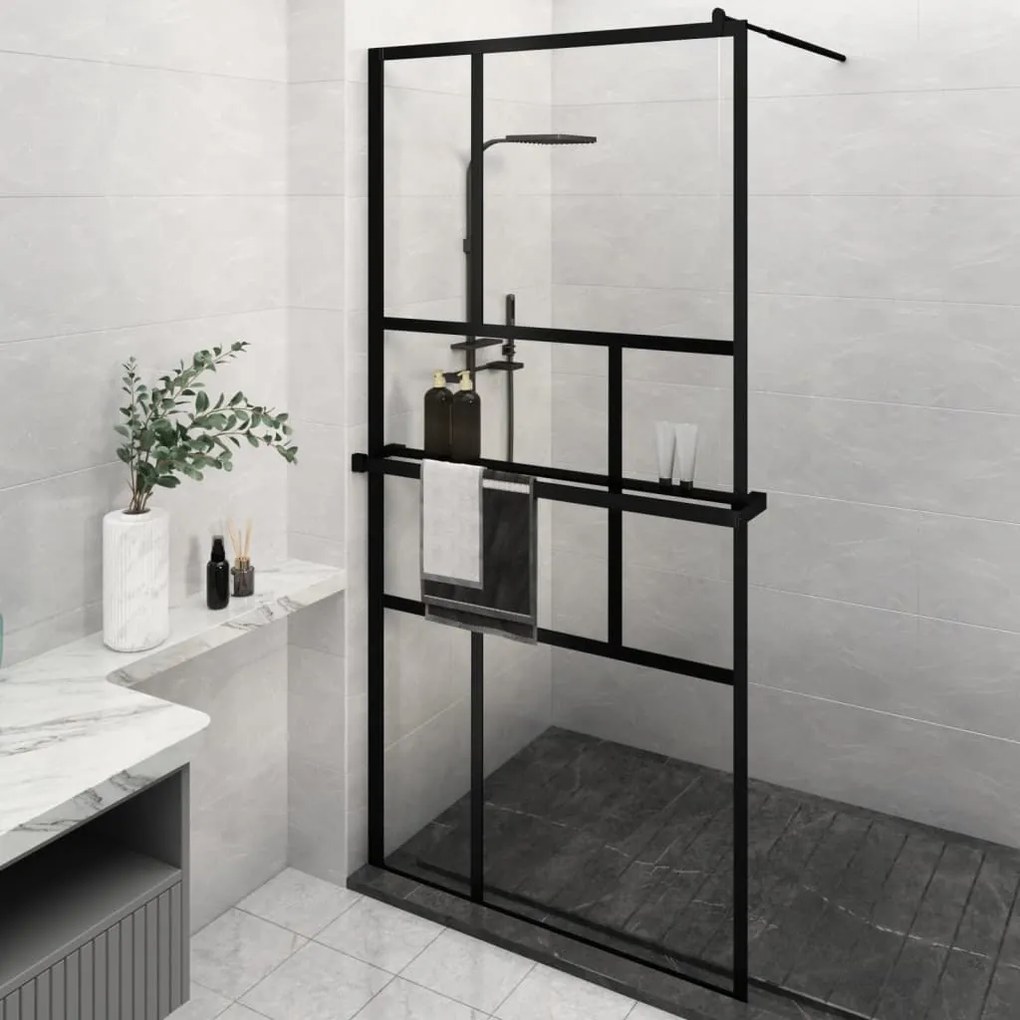 Parete Doccia Con Mensola Nera 115x195 Cm Vetro Esg E Alluminio /