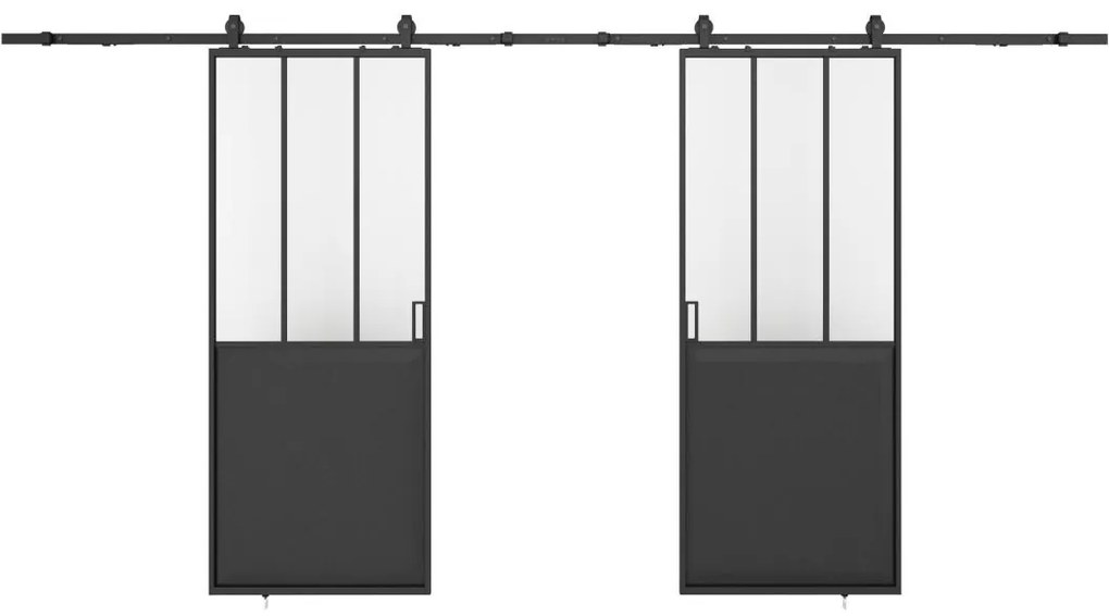 Porta scorrevole doppia atelier con sistema esterno muro 2xH205xL73 cm Nero e Vetro temperato  - ARTISTO II