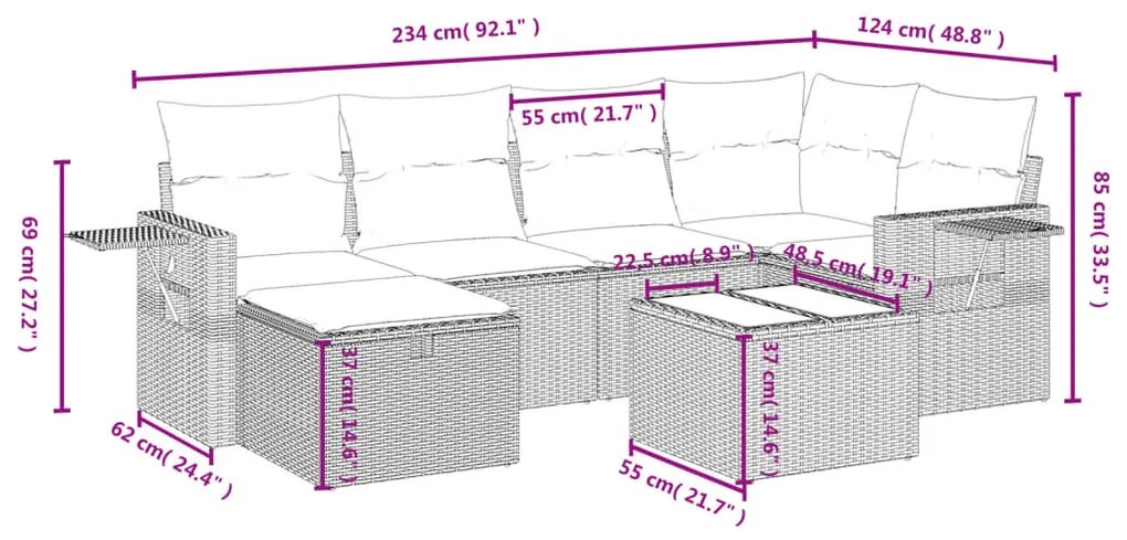 Set divani da giardino 7 pz con cuscini grigio in polyrattan