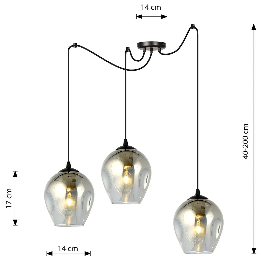 Sospensione 3 Luci Level In Acciaio Nero E Vetro Fumè Con Cavi Lunghi